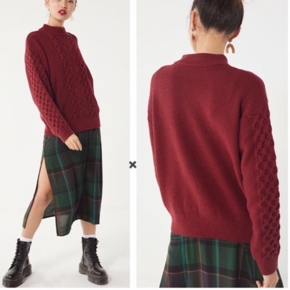 URBAN OUTFITTERS Sweater Women's Size Small Red Cable Knit Pullover Mock Collar - Picture 2 of 9